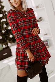 Fashionable Plaid Print Long Sleeve Round Neck Slim Fit Mini Dress