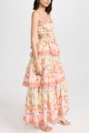 Charming Smile Floral Print Scalloped Lace-trim Back Tie-up Tiered Maxi Dress