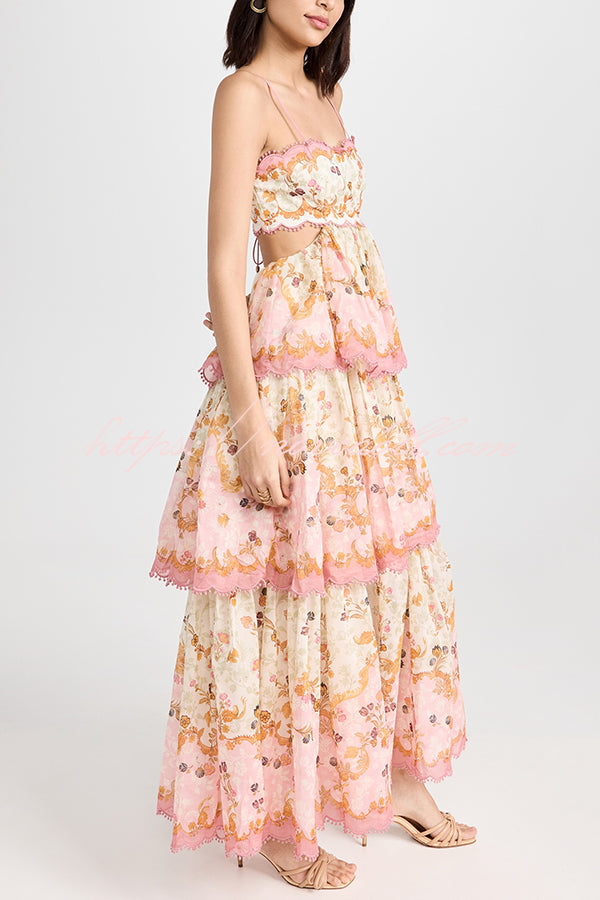 Charming Smile Floral Print Scalloped Lace-trim Back Tie-up Tiered Maxi Dress