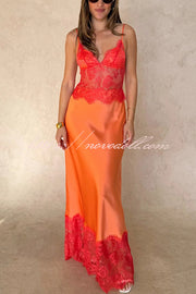 Elegant Evening Satin Lace Patchwork See-through Waist Slip Maxi Dress
