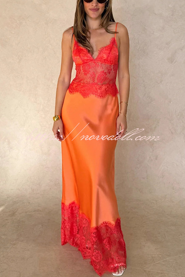 Elegant Evening Satin Lace Patchwork See-through Waist Slip Maxi Dress