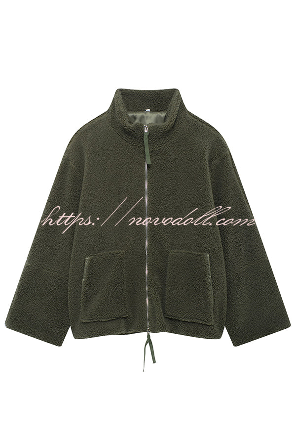 Solid Color Stitching High Collar Long Sleeve Loose Pocket Woolen Coat