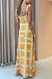 Orange Summer Printed Linen Blend Cutout Tie-up Design Maxi Dress