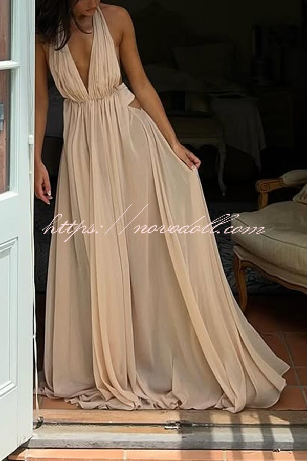 Ethereal Moment Tulle Cutout Ruched Waist Backless Halter Maxi Dress