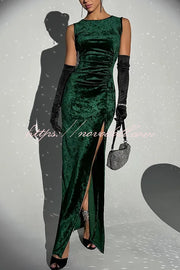 Solid Color Velvet Round Neck Sleeveless Slim Slit Maxi Dress