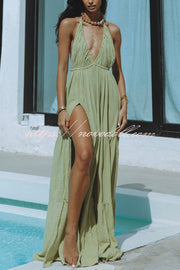 Laelia Linen Blend Halter Backless Slit Cover Up Maxi Dress