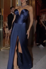 Stunning The Audience Plissé Satin Off Shoulder Drape Slit Gown Maxi Dress