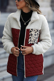 Casual Patchwork Plush Long Sleeve Leopard Print Pocket Loose Zipper Jacket