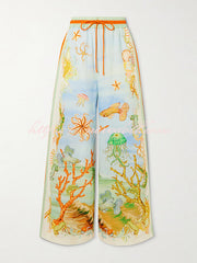 Unique Printed Lapel Short Sleeve Loose Shirt and Elastic Waist Casual Pocket Vacation Pants Set