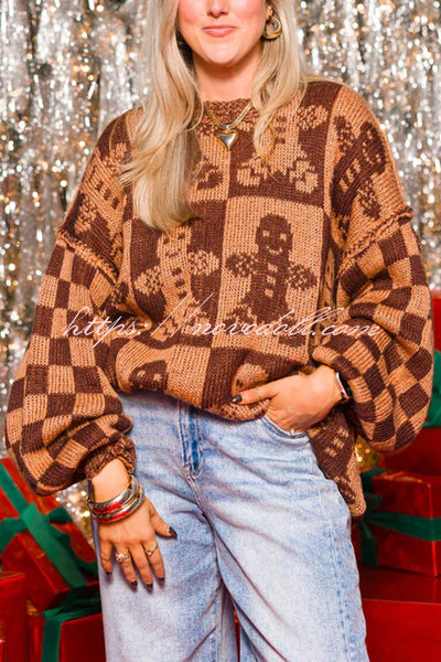 Christmas Gingerbread Man Round Neck Long Sleeve Loose Knit Sweater