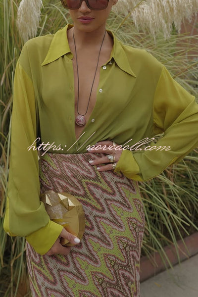 Moonlit Waltz Gradient Print Button Up Long Sleeve Loose Blouse