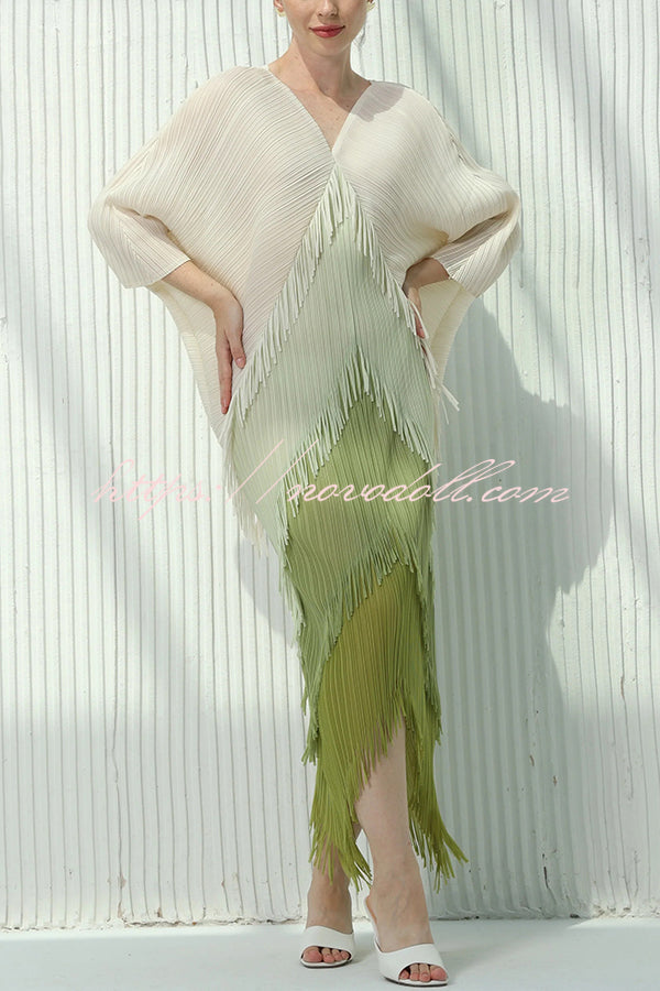 Fashionable Color-blocked Multi-layered Tassel Loose Midi Dress