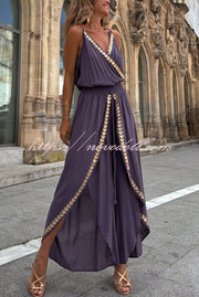 Tamia Gold Trim Elastic Waist Slit Wide Leg Slip Jumpsuit