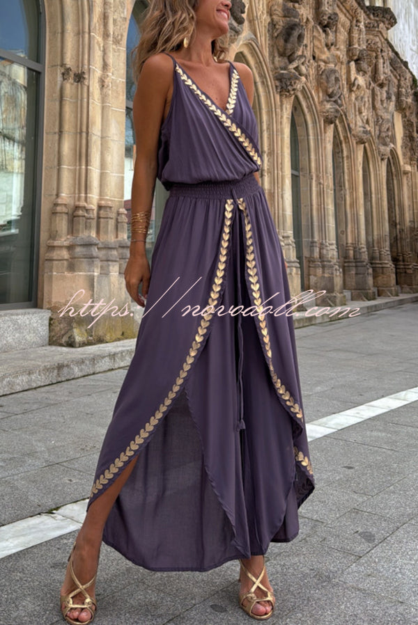 Tamia Gold Trim Elastic Waist Slit Wide Leg Slip Jumpsuit