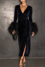 Fashionable Velvet V-neck Feather Long-sleeved Slim-fit Elegant Midi Dress