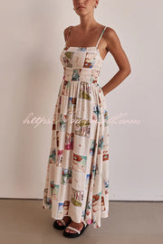 Unique Printed Sling Backless Elastic Pleated Maxi Dress