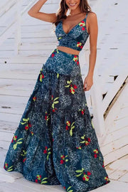 Unique Printed Suspenders Top and Loose Paneled Beach Maxi Skirt Set