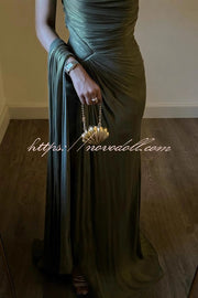 Fashion One-shoulder Pleated Ribbon Slim Slit Maxi Dress