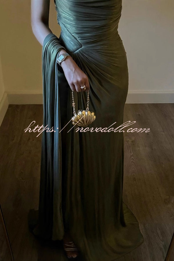 Fashion One-shoulder Pleated Ribbon Slim Slit Maxi Dress
