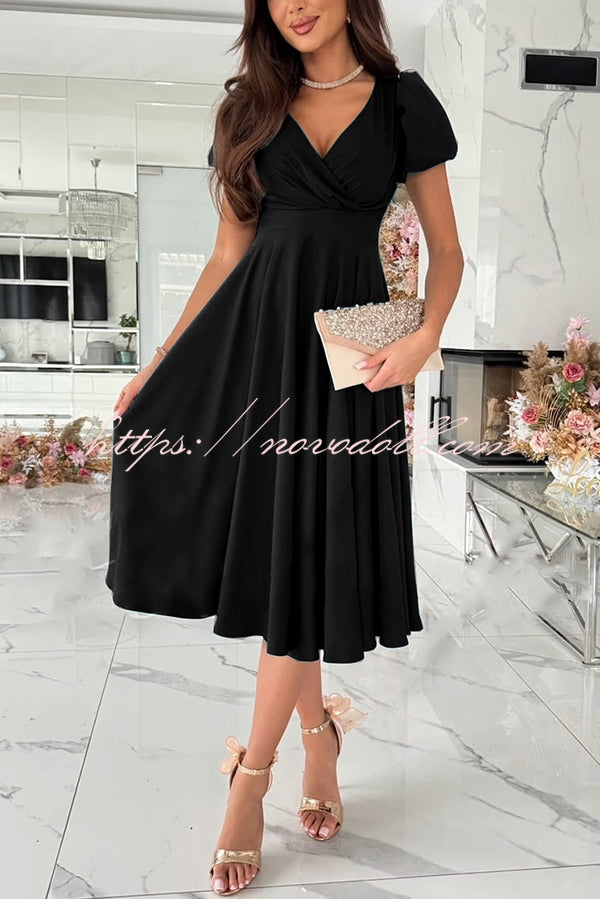 Zayla Solid Color Puff Sleeve V-neck Waist Slim Fit Midi Dress