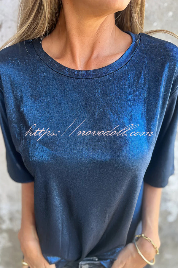 Metallic Solid Color Round Neck Short-sleeved Loose T-shirt