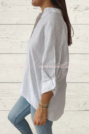 Linen Blend Solid Color Tie Back Loose Shirt Top