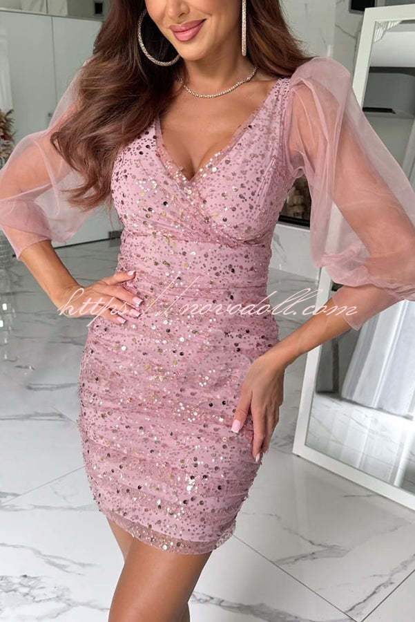 Lost in Your Eyes Mesh Sequin Balloon Sleeve Ruched Stretch Party Mini Dress