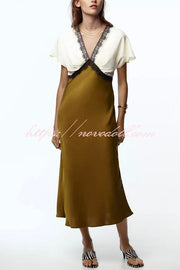 Fashionable Contrast Color V-neck Lace Stitching Maxi Dress