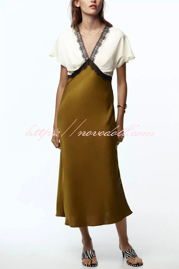 Fashionable Contrast Color V-neck Lace Stitching Maxi Dress