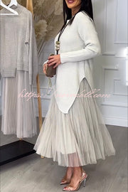 Jensine Ribbed Knit Irregular Loose Sweater and Pleated Tulle Tank Midi Dress Two-piece Set