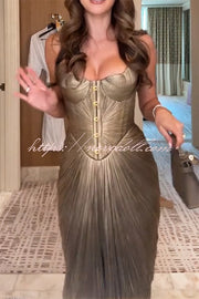 Vegas Queen Metallic Pleated Sculpted Bodice Back Lace-up Drape Maxi Dress