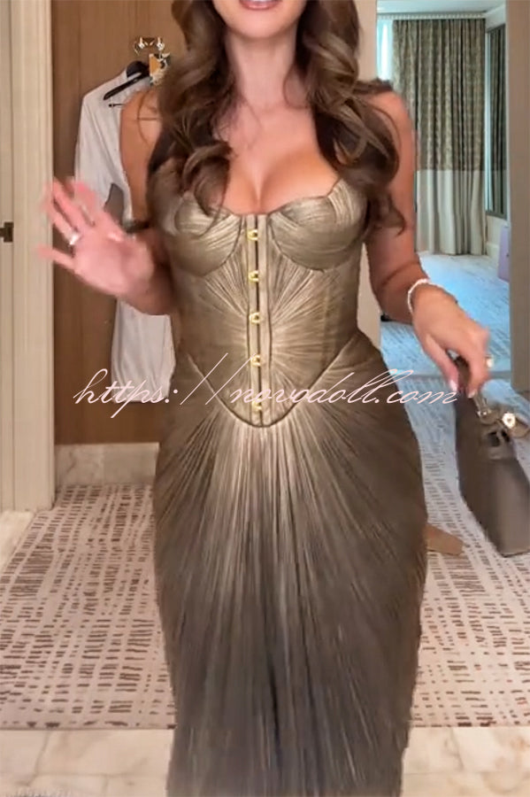 Vegas Queen Metallic Pleated Sculpted Bodice Back Lace-up Drape Maxi Dress