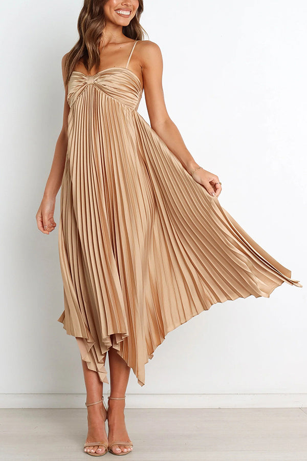 Solid Color Sexy Suspender Pleated Irregular Midi Dress