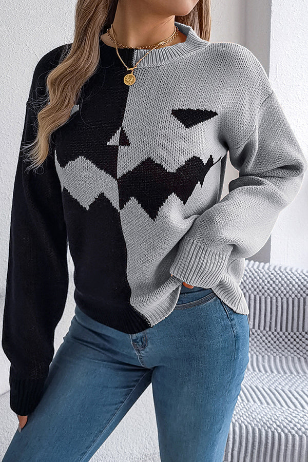 Halloween Pumpkin Contrast Color Long Sleeve Loose Sweater