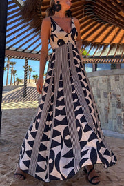Sabine Geometric Print V-Neck Back Smocked A-line Maxi Dress