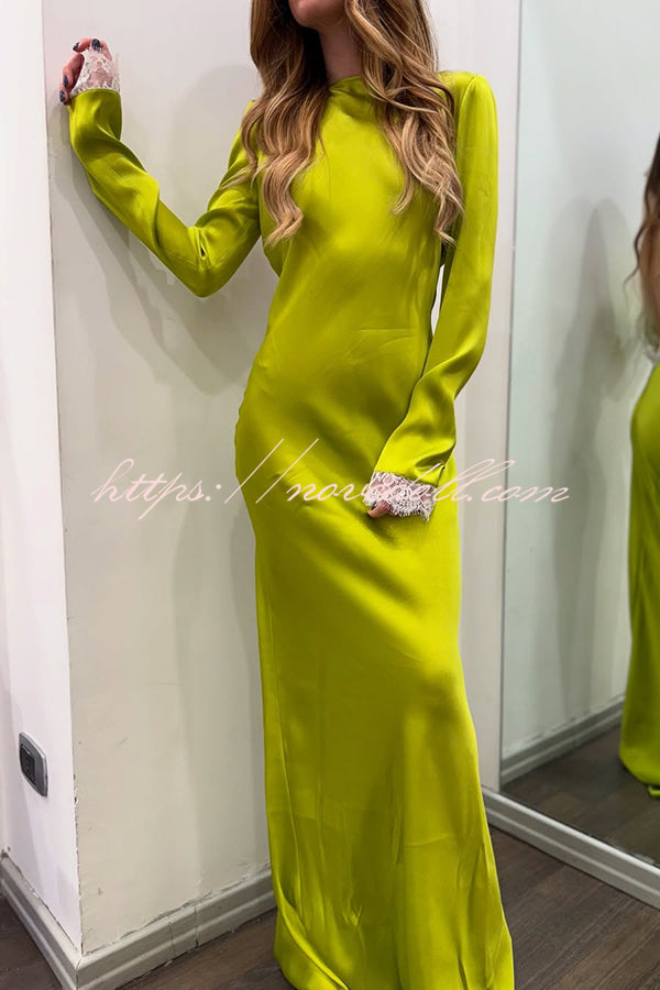 Mystic Moment Satin Lace Trim Long Sleeve Backless Maxi Dress