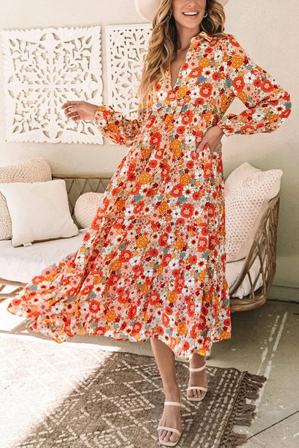 Bohemian Floral Print Loose Casual Long Sleeve Midi Dress