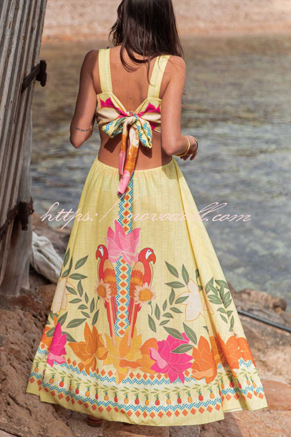 Resort Style Unique Print Sexy Square Neck Backless Waist Maxi Dress