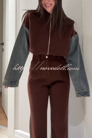 Sports Fashion Denim Patchwork Sweatshirt Fabric High Rise Pocket Loose Pants