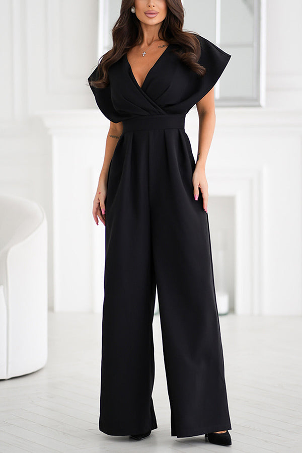 Solid Color V-neck Waist Casual Wide-leg Jumpsuit