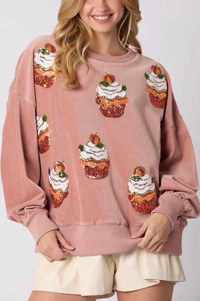 Christmas Pumpkin Cake Sequined Round Neck Loose Sweatshirt