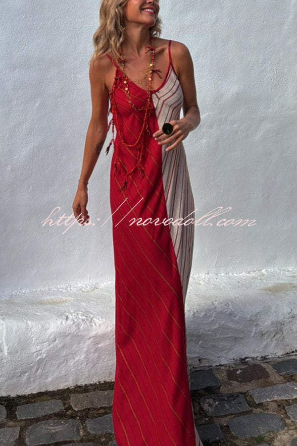 Fashionable Splicing V-neck Suspenders Loose Maxi Dress