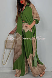 Unique Printed Casual Loose Long Shirt and Elastic Waist Pocket Wide Leg Pants Set