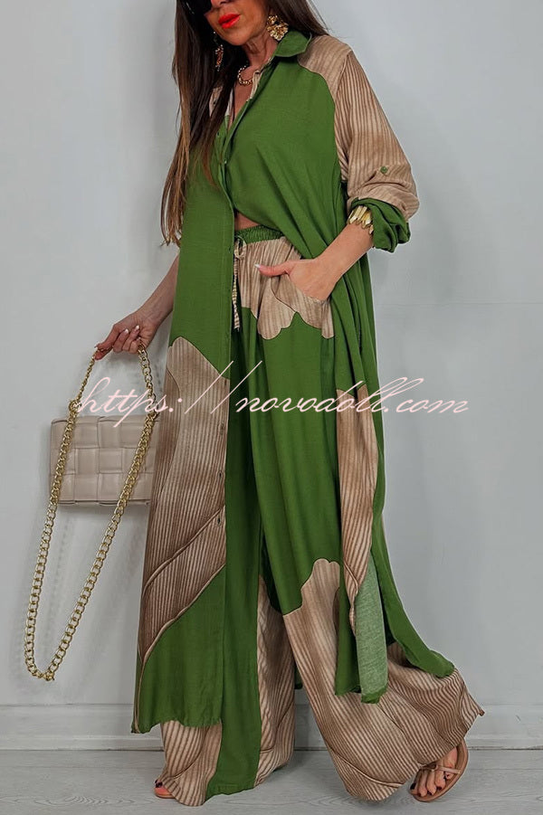 Unique Printed Casual Loose Long Shirt and Elastic Waist Pocket Wide Leg Pants Set
