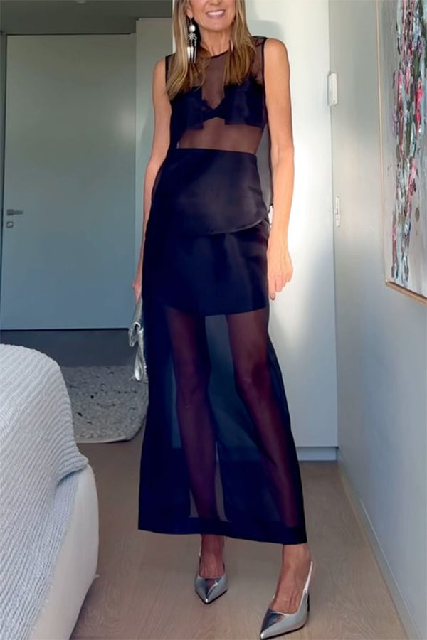 Embraces Modern Sheer Organza Pocket Oversized Tank and High Rise Slit Midi Skirt Set