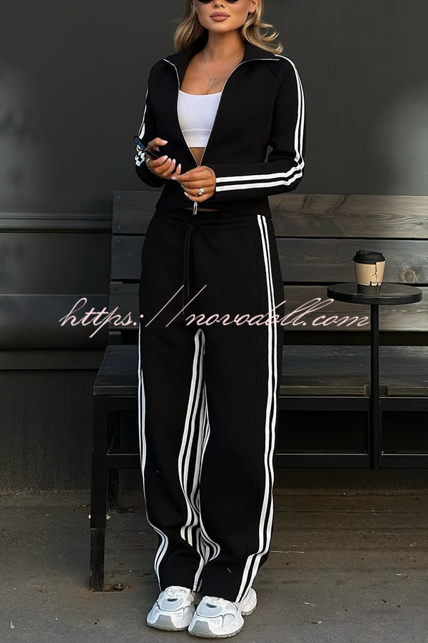 Fashionable Sports Style Striped Long-sleeved Jacket and Elastic Waist Casual Pants Set