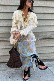 Autumn Boho Chiffon Floral Print Elastic Waist Tie-up Hem Balloon Pants