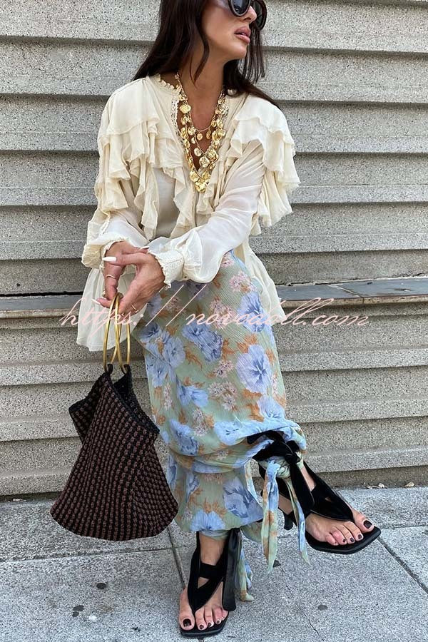 Autumn Boho Chiffon Floral Print Elastic Waist Tie-up Hem Balloon Pants