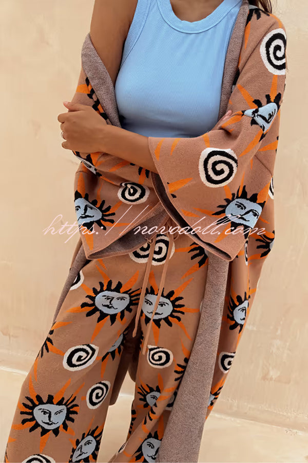 Mediterranean Art Knit Unique Sun Vortex Print Bell Sleeve Long Cardigan