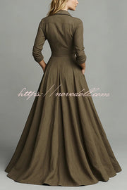 Linen Blend Lapel Pocket Single-breasted Shirt-style Casual Maxi Dress